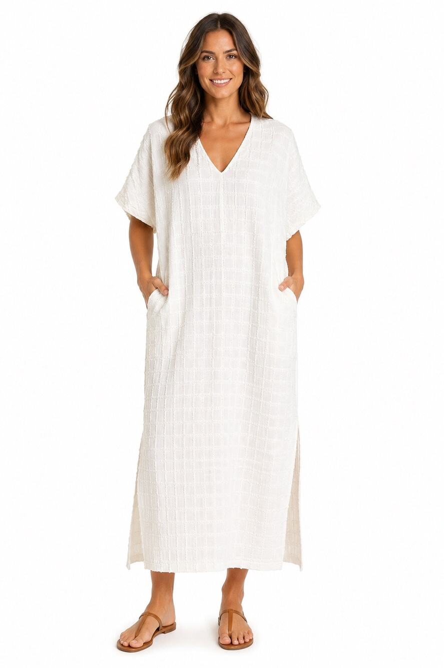 Vintage 90s Kinnaird Ireland White Chenille Textured Caftan Dress Pockets medium